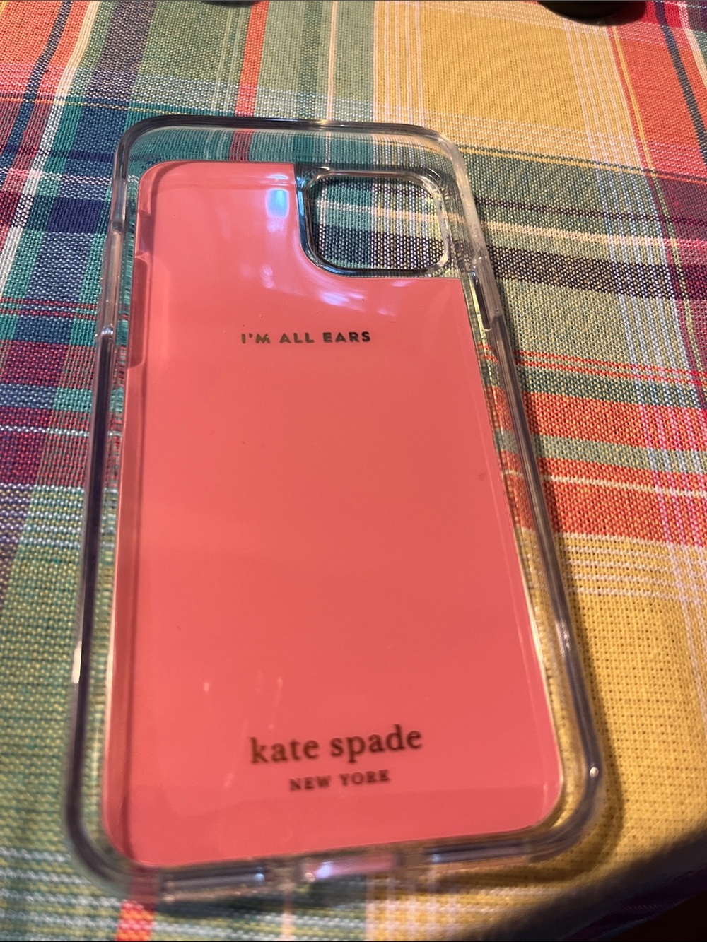 kate spade Pink Clear Bumper Phone Case with "I'm All Ears" Text